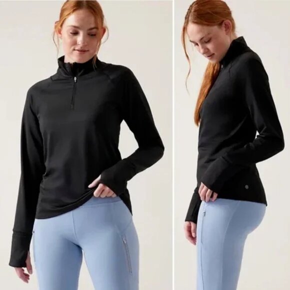 Athleta Womens Whistler Half Zip Top Size Medium Black Mock Neck Thumbholes - Picture 1 of 11